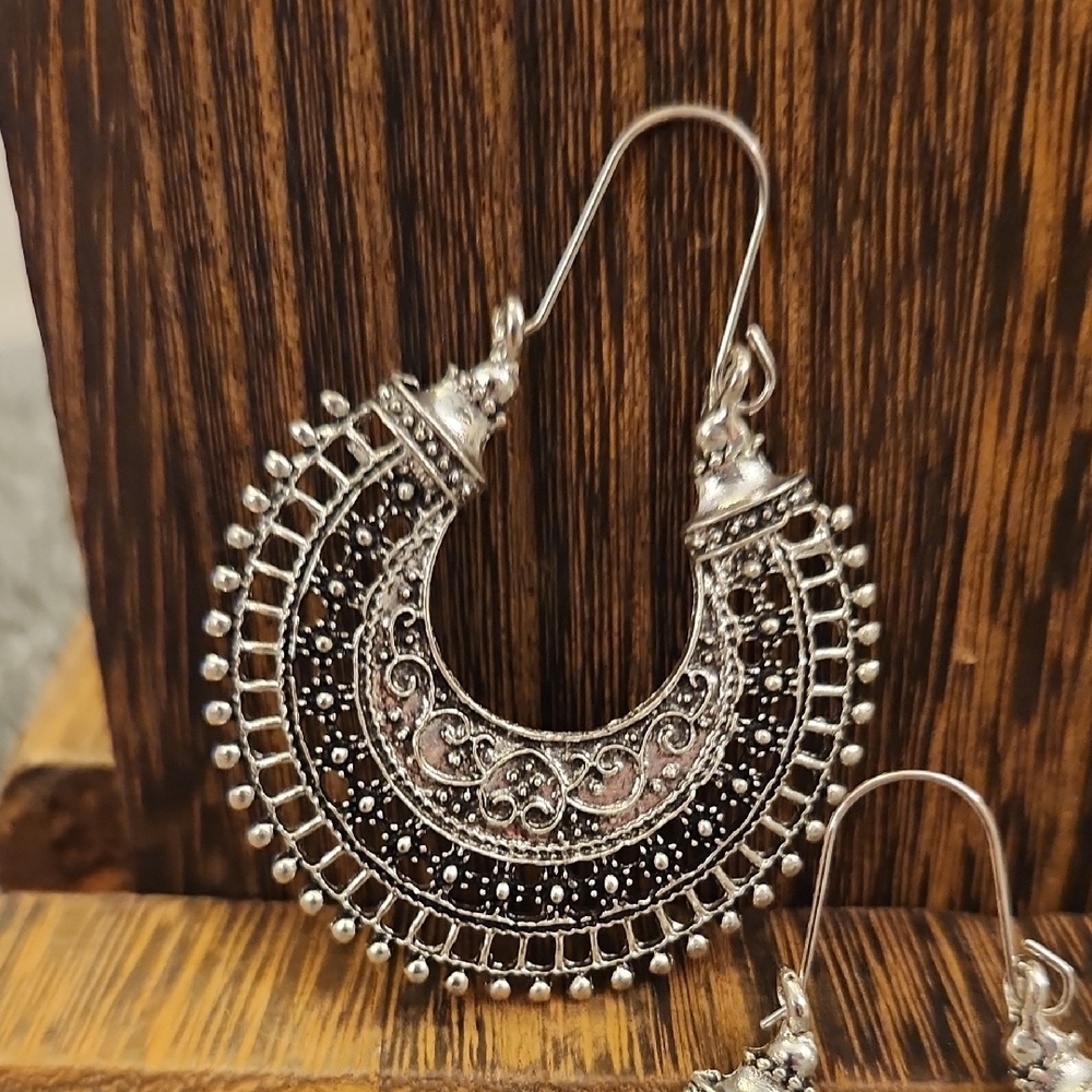 Bohemian Silver Tone Crescent Earrings - Picture 3 of 5